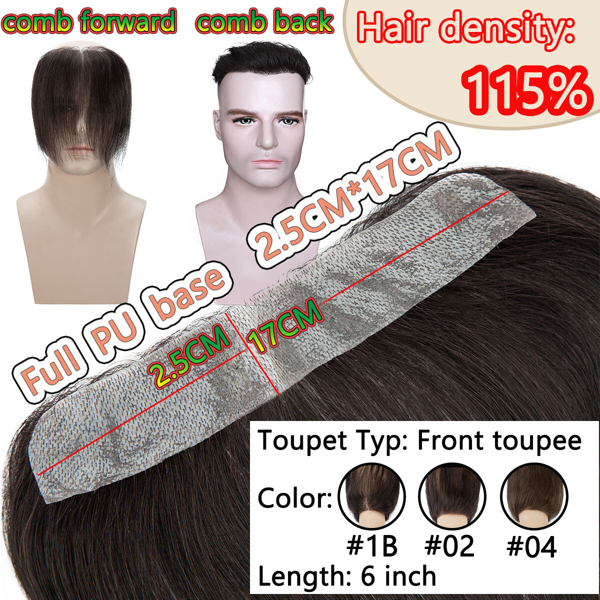 Front Toupet Mens Toupee Human Hair Replacement System PU Base Poly Hairpiece US