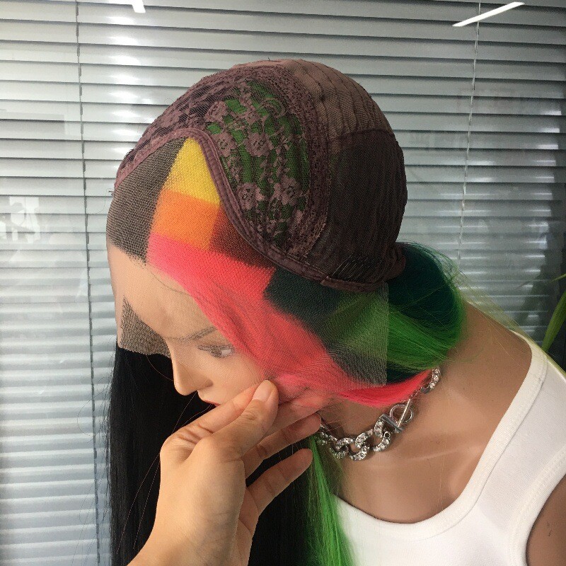 Long Straight Half Rainbow Half Black Lace Front Wigs for Women Party Wigs