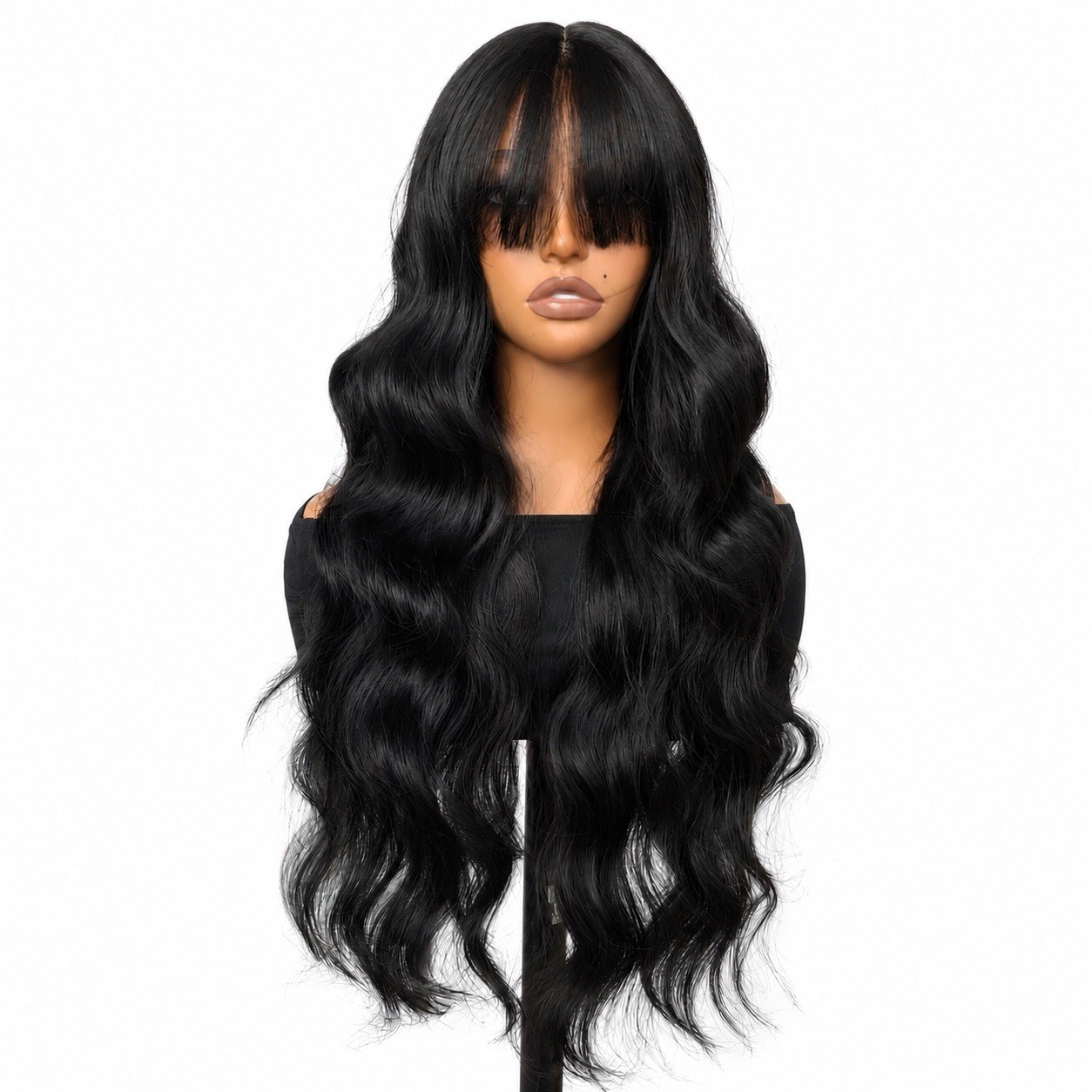 Synthetic T-Part Lace Wigs Bangs Loose Wavy Long Black Heat Resistant Natural