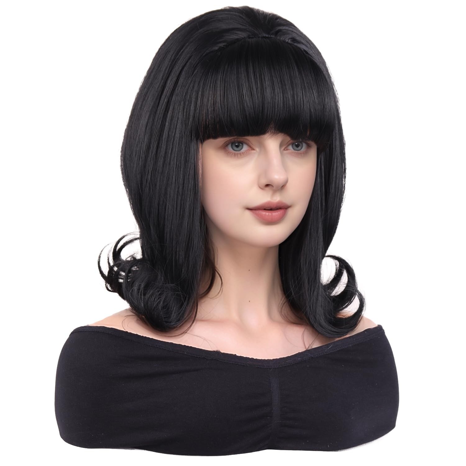 Black Wig Women Short Black Wig with Bangs Retro Bouffant Beehive Wigs 60s 70…