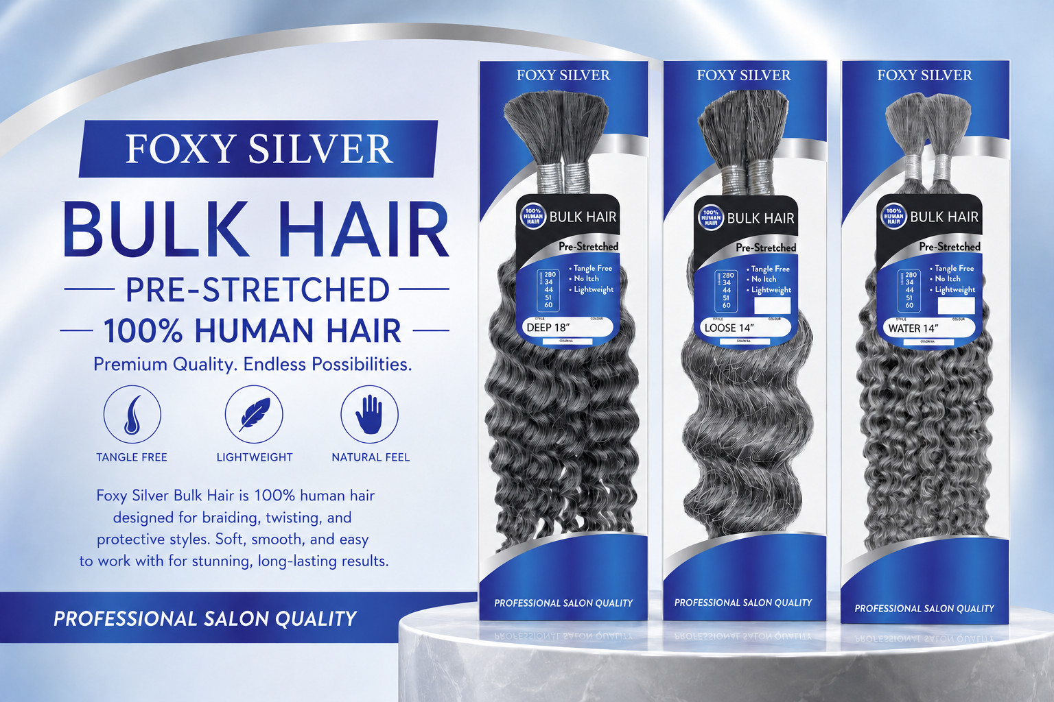 Foxy Silver BULK HAIRS, 100% HUMAN HAIR, 14″-18″, Natural look, 3 different wave