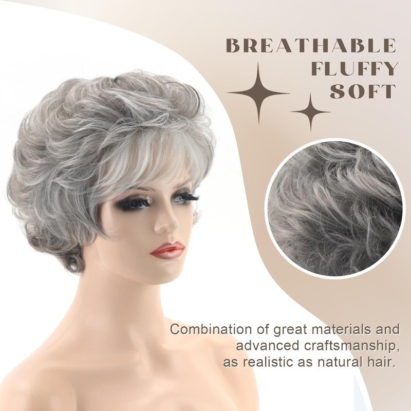 Women Grey Wig Gray Layered Short Beanie Hairpiece Universal Silver Cosplay Wigs