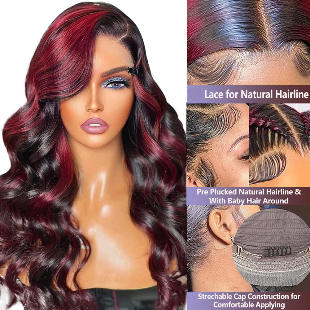 Red With Black Highlights Body Wave Lace Front Wig Human Hair