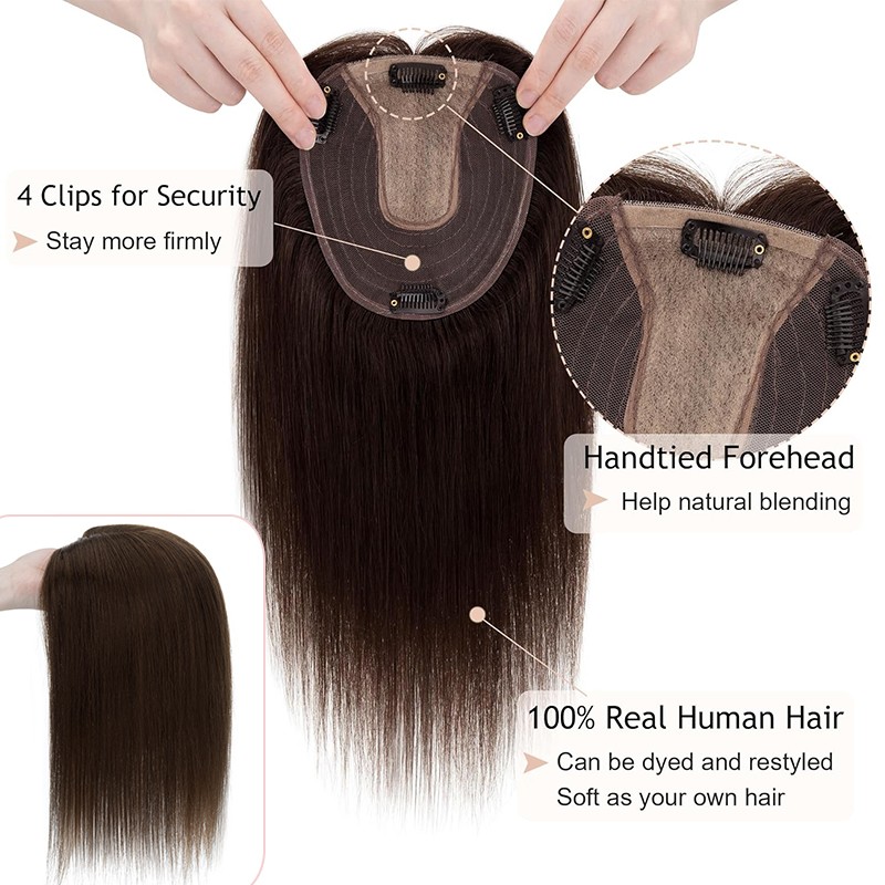 100% Remy Human Hair Women’s Topper Clip In Hairpiece Lace Base Hand tied Toupee