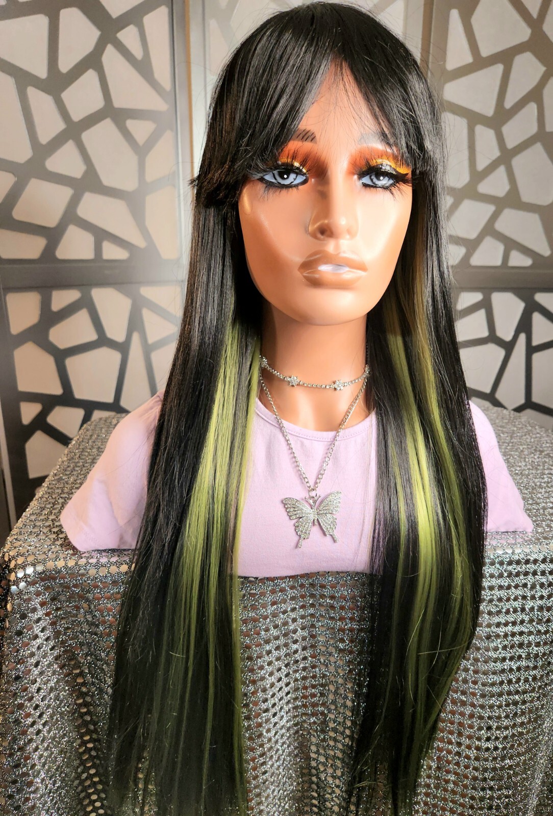 28″ Straight Long Wig With Bangs Black Green Wig Ombre Green Wig With Bangs