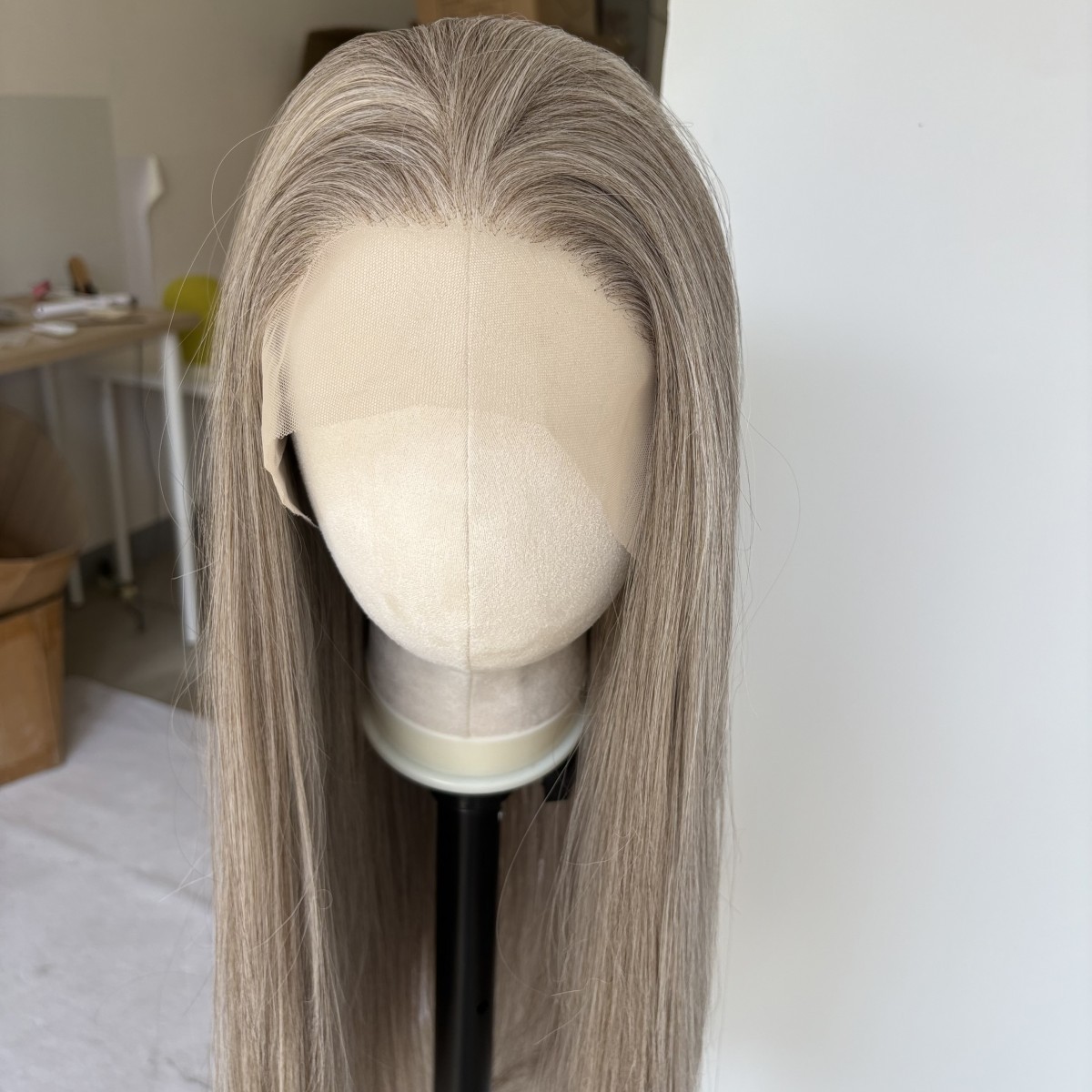 Lace Front Wig Layered Natural Synthetic Hair Mix Grey Long Straight