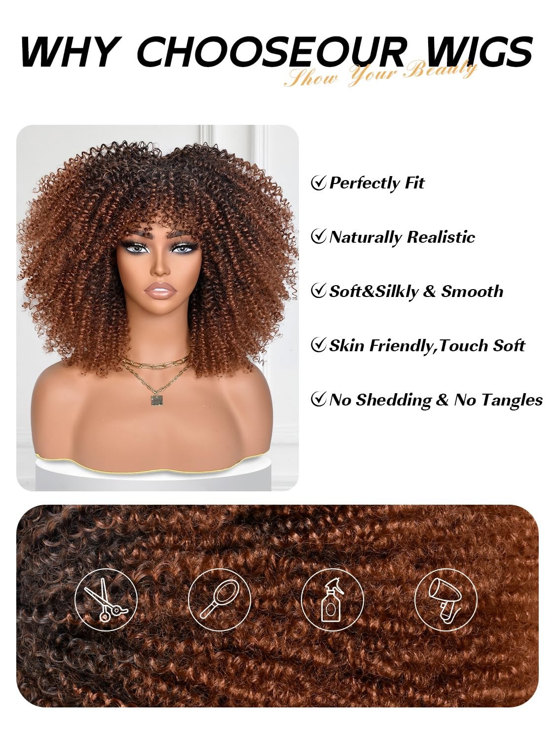 Ombre Brown Afro Curly with Bangs 14 Inch Short Synthetic Afro Black Kinky