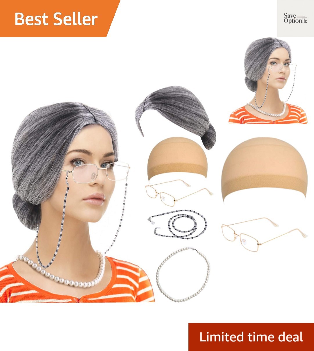 Old Lady Costume Set-Grandmother Wig,Wig Caps, Madea Granny Glasses, Eyeglass…