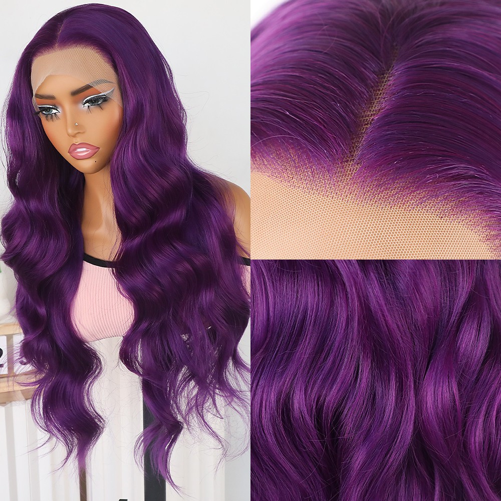 Frontal Lace Wigs Long Wavy Purple Hair Heat Resistant Soft Pre Plucked Hairline