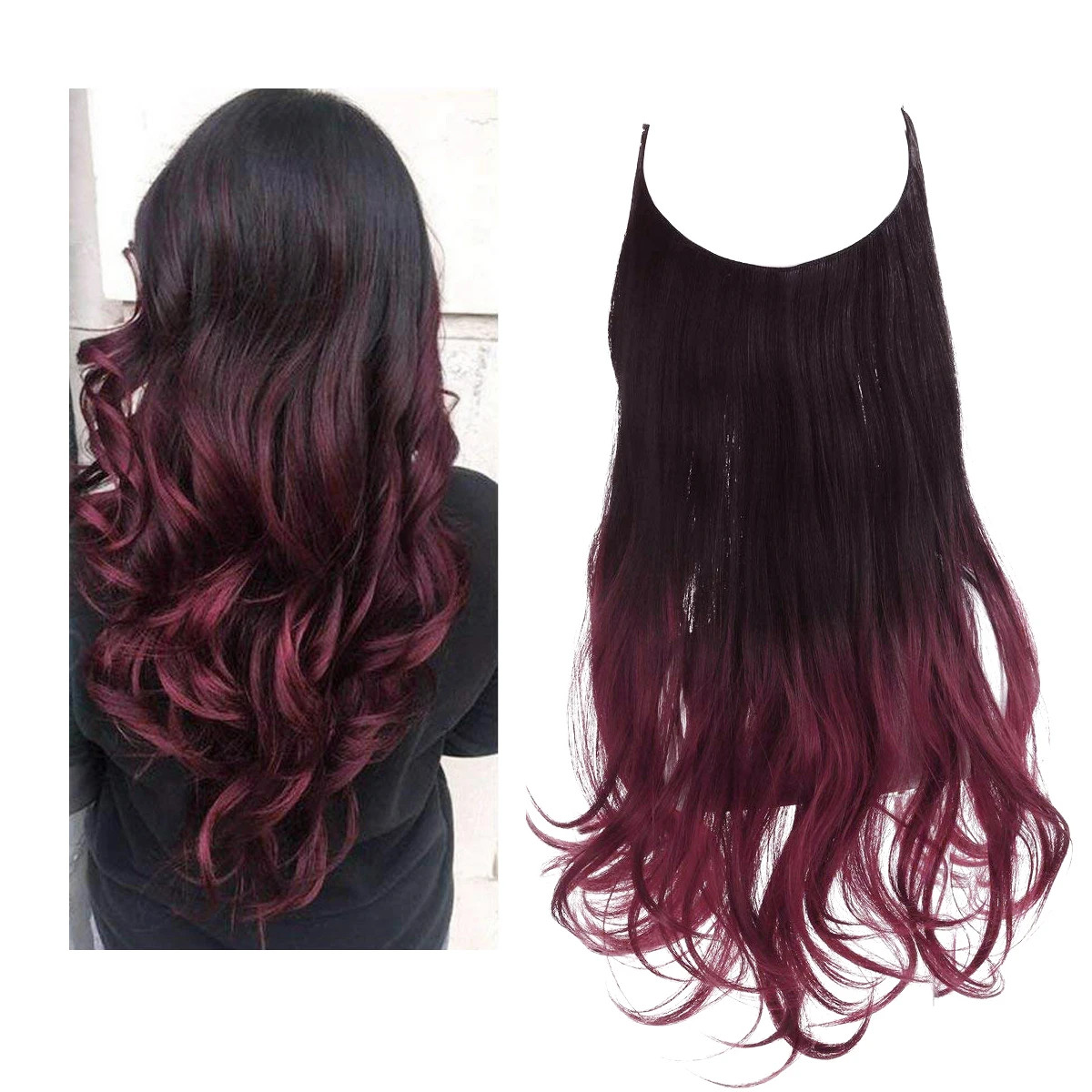 Synthetic No Clips Hair Extension Ombre Black Blonde Pink Long Wave