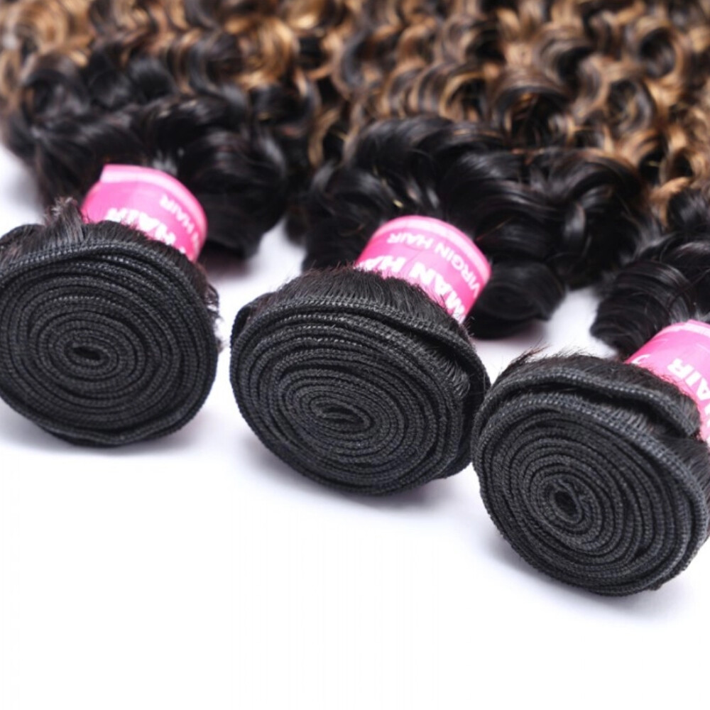 UNice Cambodian Ombre Balayage Brown Curly 3 Bundles Human Hair Extension Weaves
