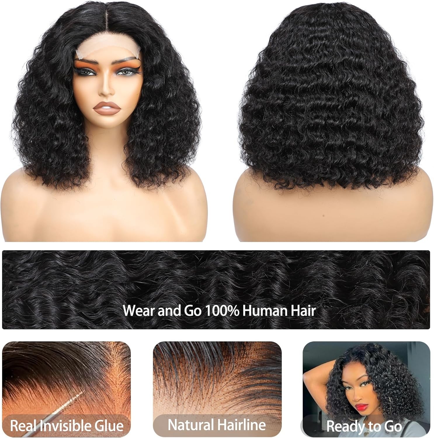 4×4 HD Lace Wigs Human Hair Bob Wigs For Women Wear And Go Glueless Curly Wig