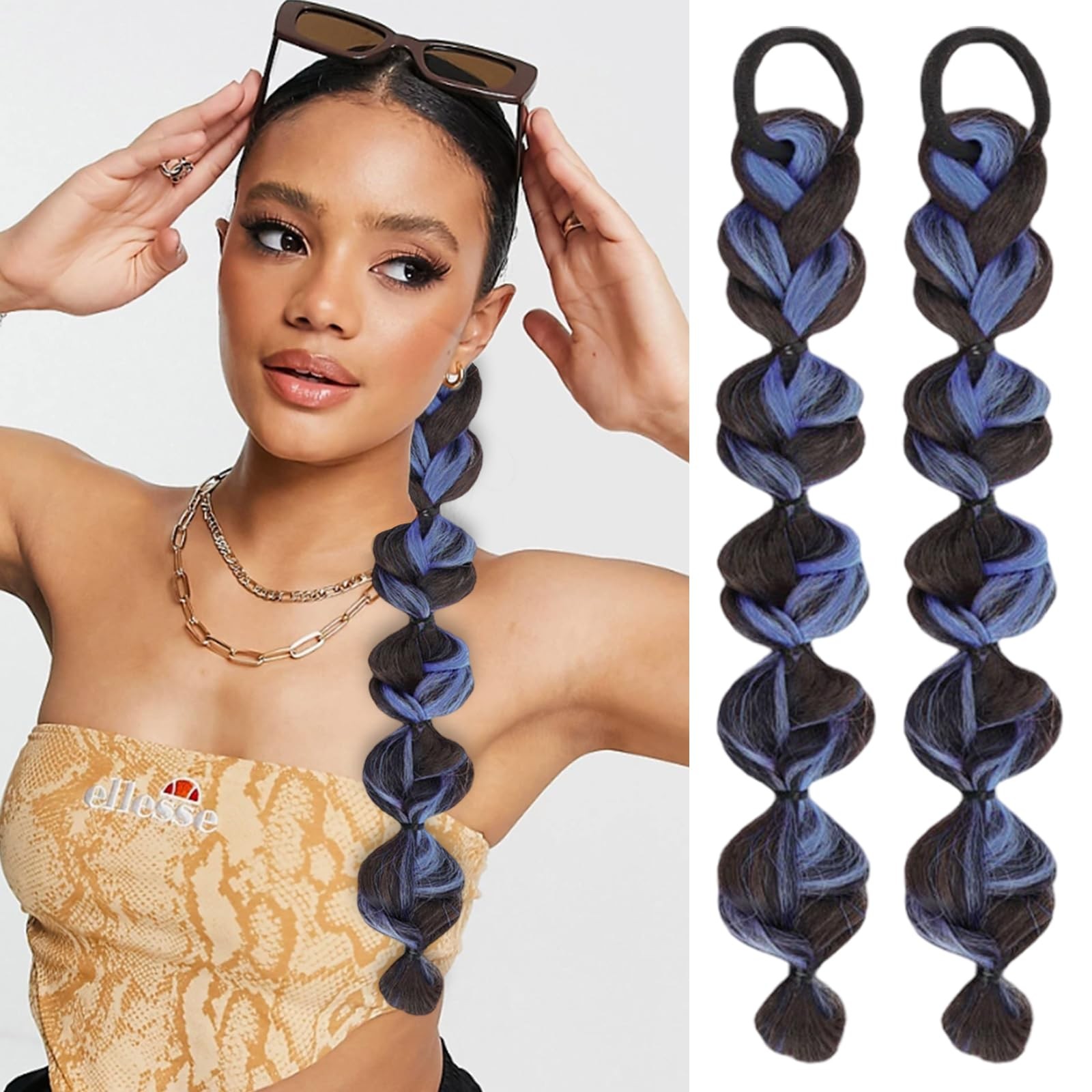 Braided Ponytail Extension with Hair Tie 2 Pcs Blue and Black Bubble Wrap Aro…