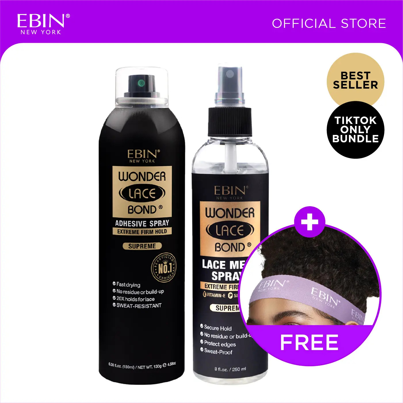 EBIN Adhesive Spray & Melt Spray Bundle with FREE Melting Band for Seamless Lace