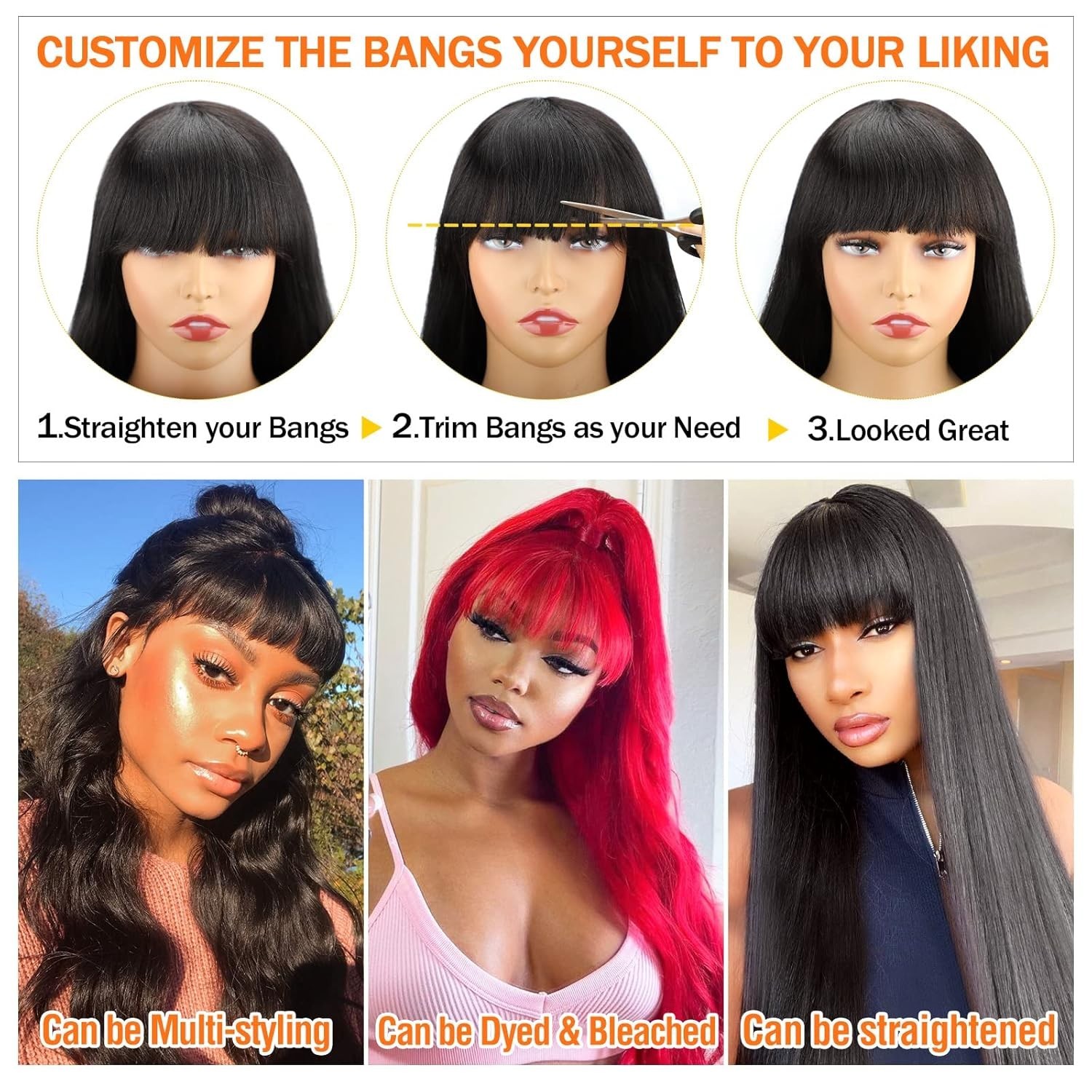 Human Hair Wig With Bangs Brazilian Virgin Body Wave Hair No Lace Front Wig