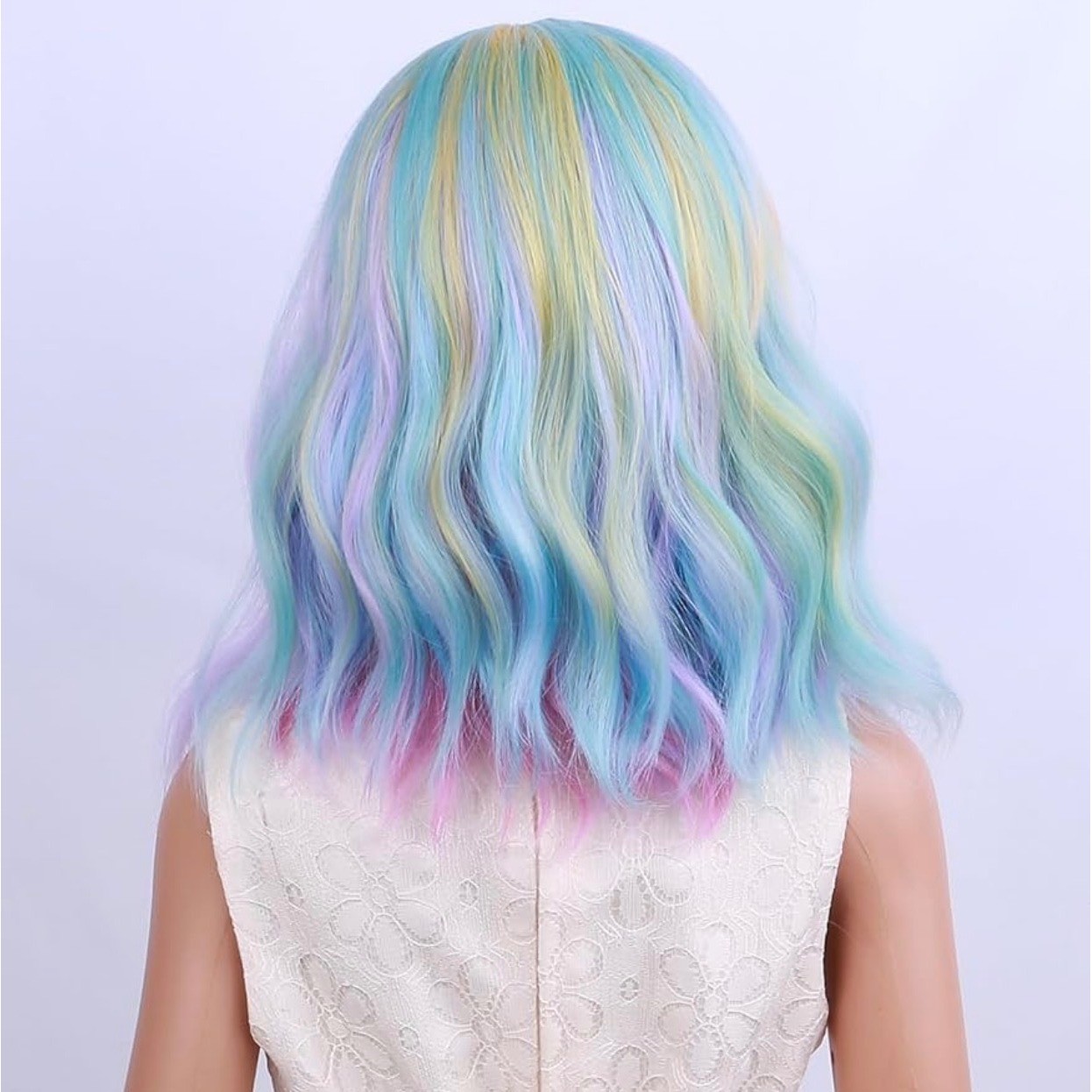 NWT Rainbow Pastel Wavy Synthetic Wig Pink Blue Yellow Shoulder Length Cosplay