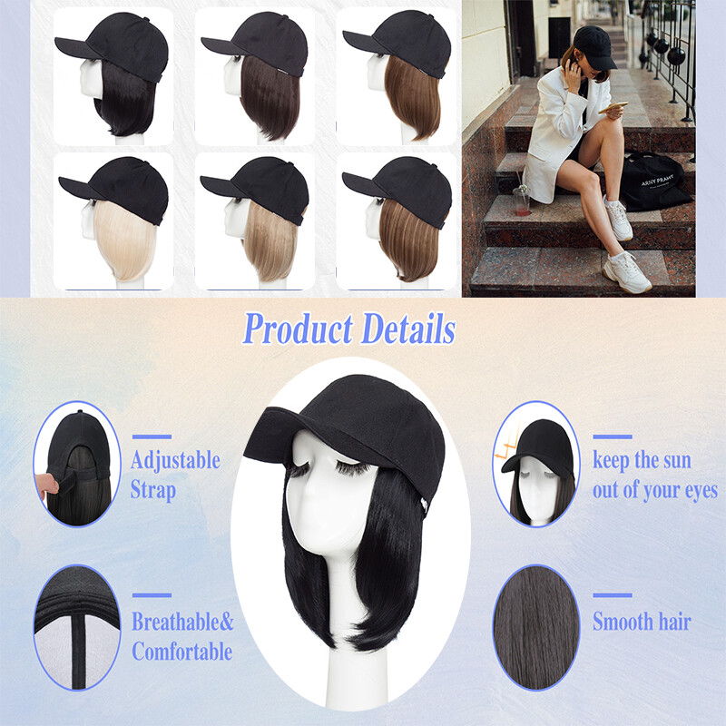 Baseball Hat Black White Red Cap with Hair Long Wavy Wigs Bucket Hat for Women