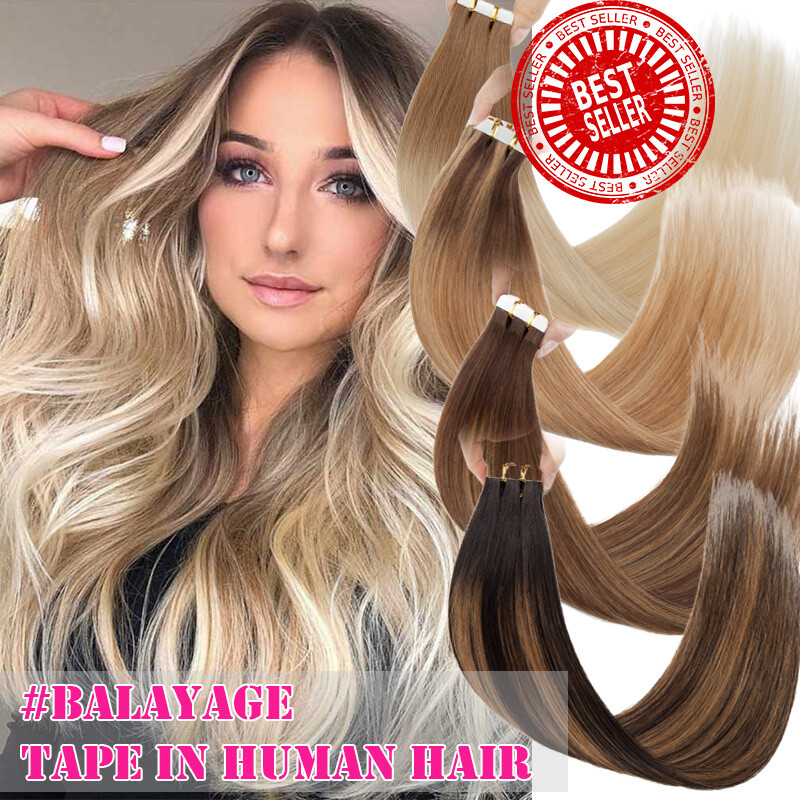 Tape in 100% Remy Human Hair Extensions 40/60pcs Full Head Skin Weft Ombre Thick