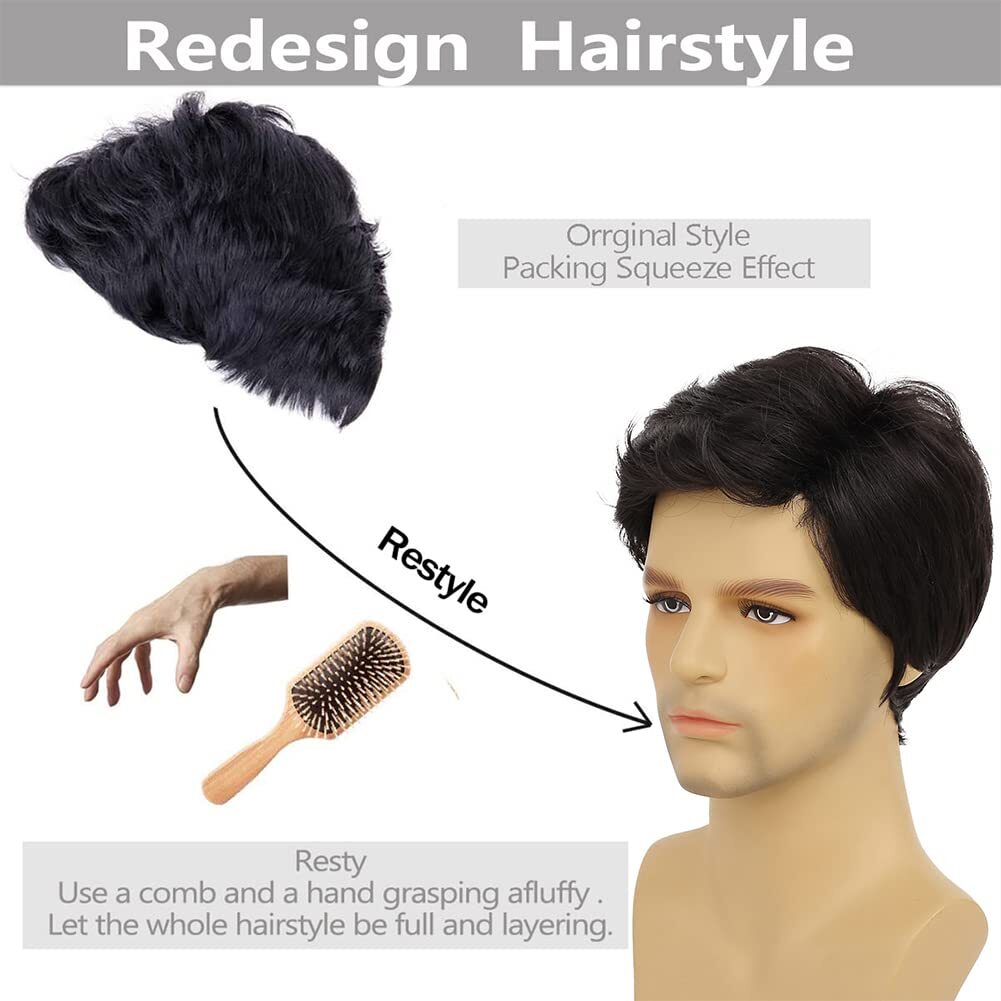 Men’s Black Men Wig Short Full Wigs Little Wavy Synthetic Straight Hair Daily US