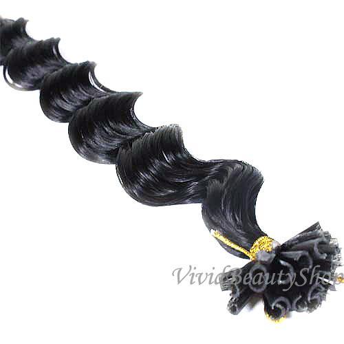 50 U Nail Pre Tip Fusion Deep Wave Curly Remy Human Hair Extension Jet Black #1