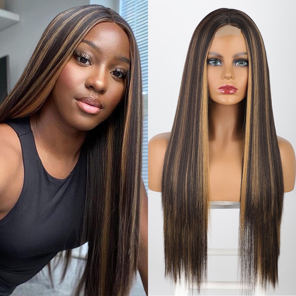 Highlight Piano Color Long Straight Lace Front Wig Heat Resistant Synthetic