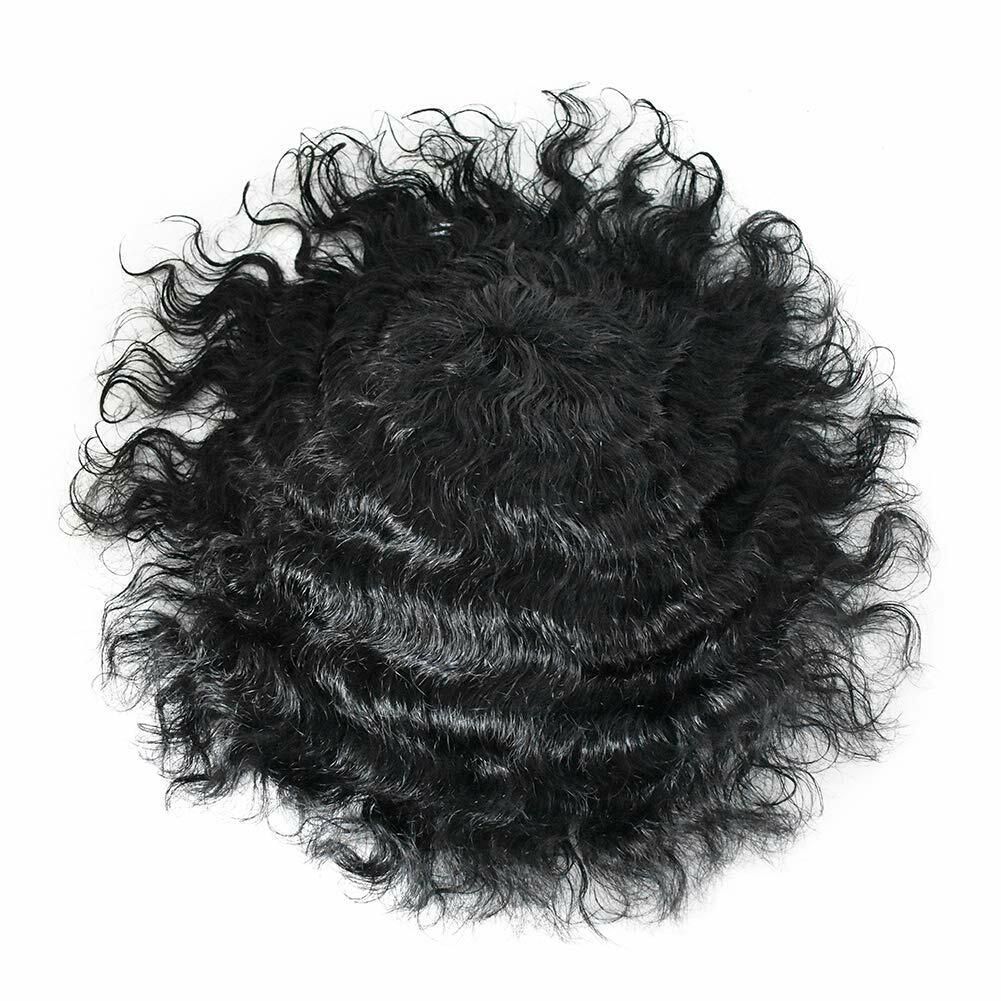 Mens Toupee Afro Curly Wavy Human Hair Replacement System Mono Poly NPU Wig US