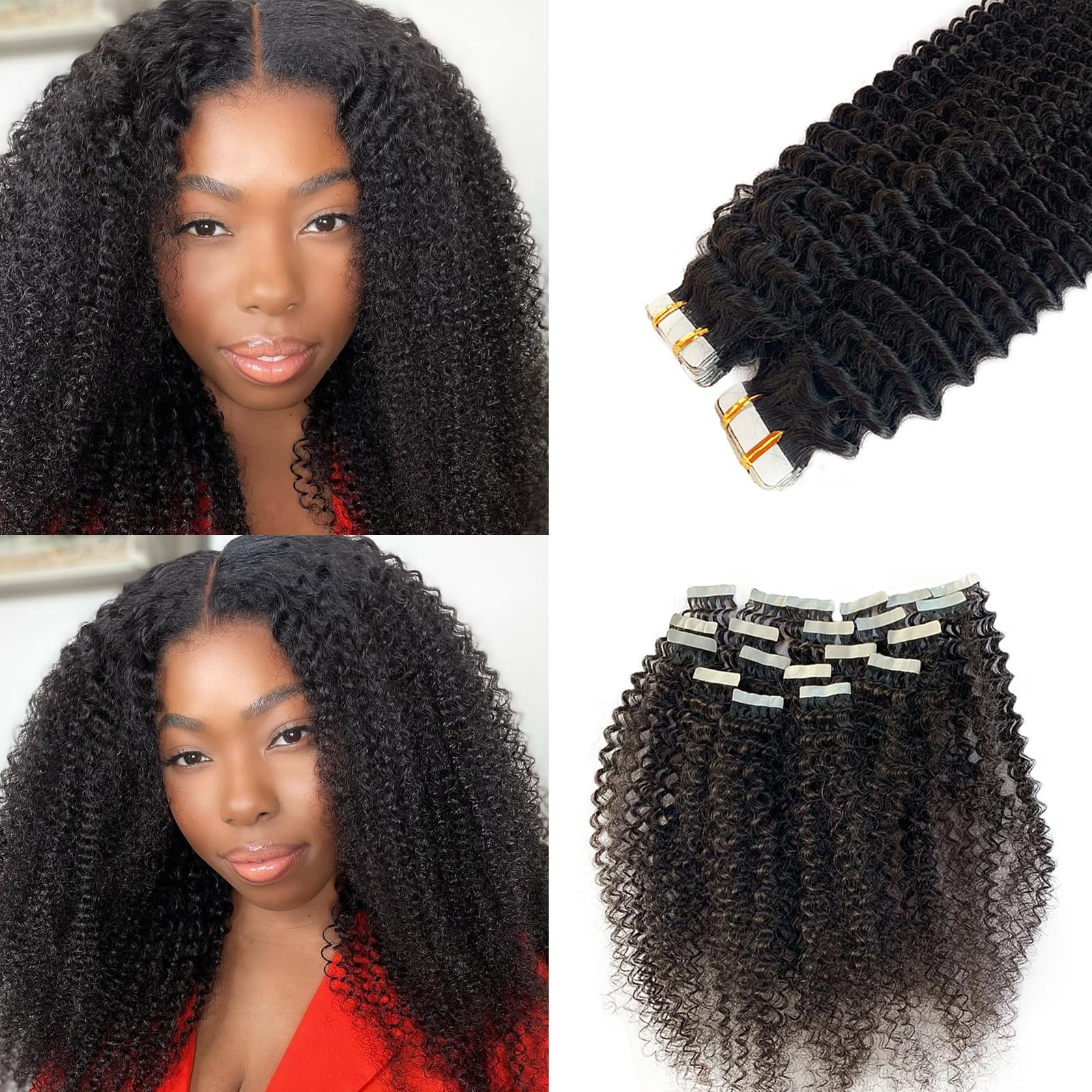Licoville Tape In Hair Extensions Human Hair Kinky Curly 24 Inch Natural Black