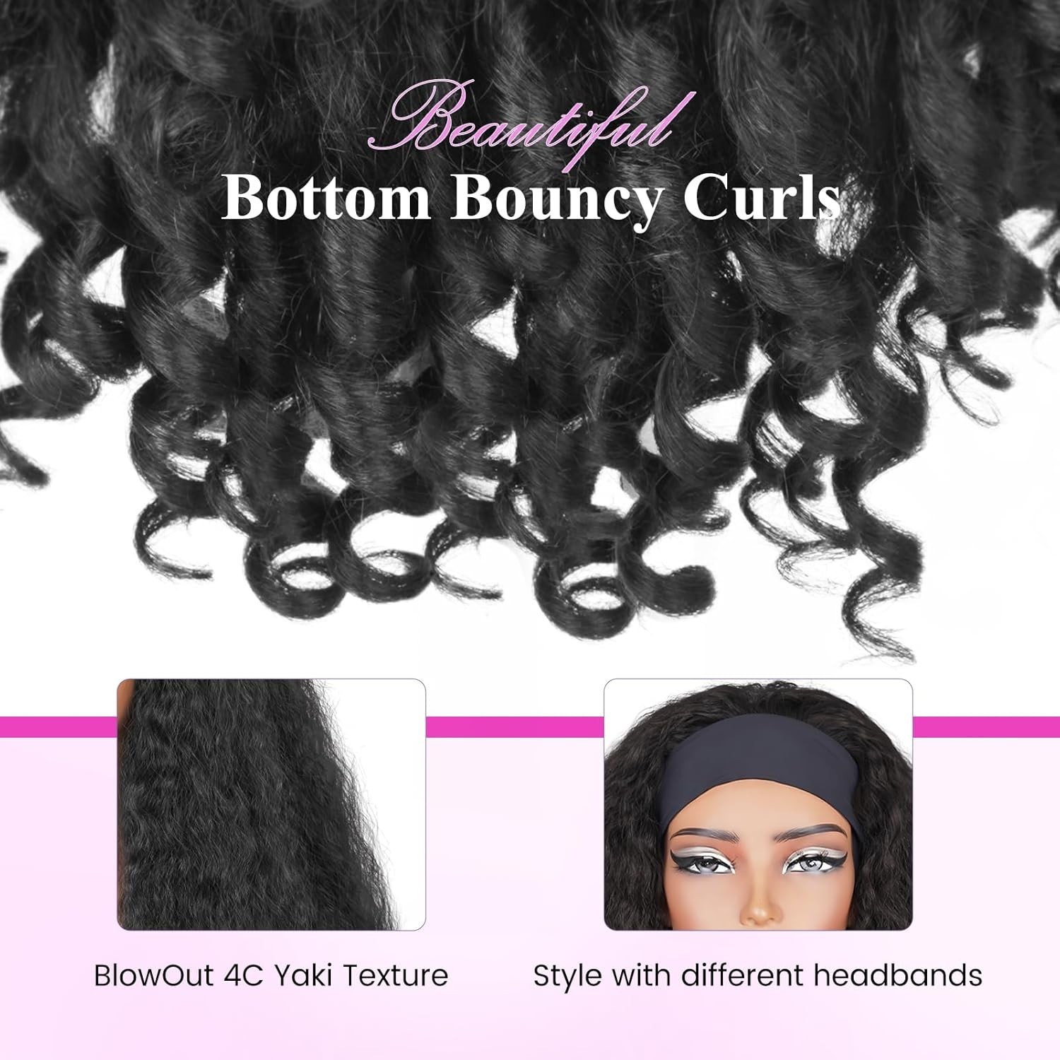 24in Afro Curly Glueless Headband Soft Synthetic Wig with Bouncy End Curls #1B