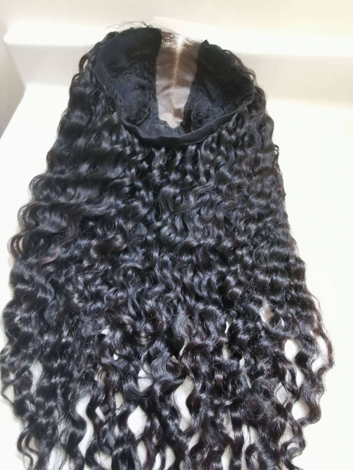 Quality Natural Black Curly Human Hair Glueless Deep Closure Wig 22″ Handmade
