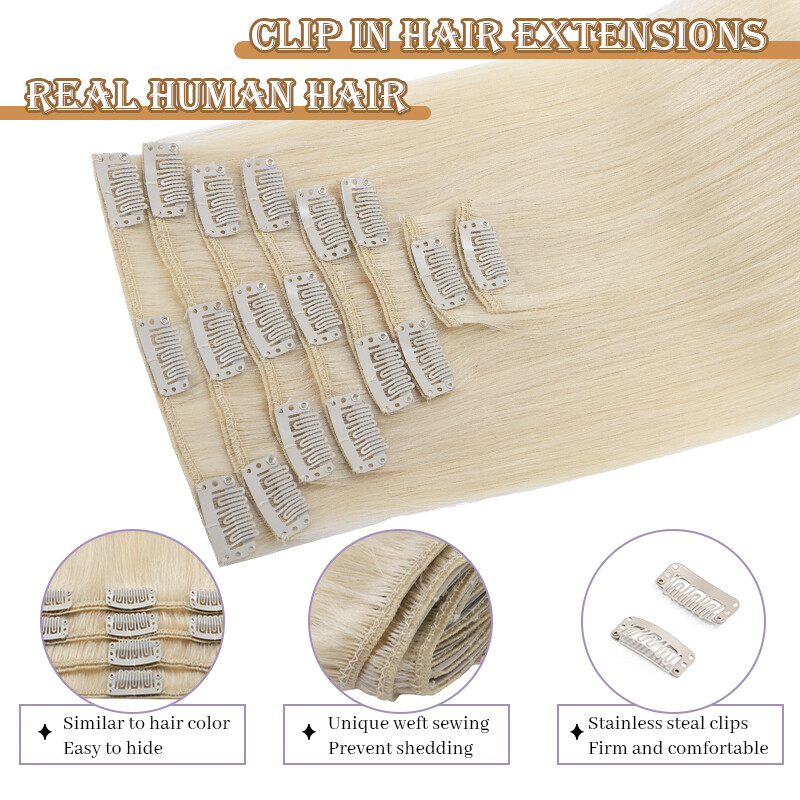 AAAA Bleach White Clip In Real Human Hair Extensions 8″-24″ 8PCS Full Head 100g