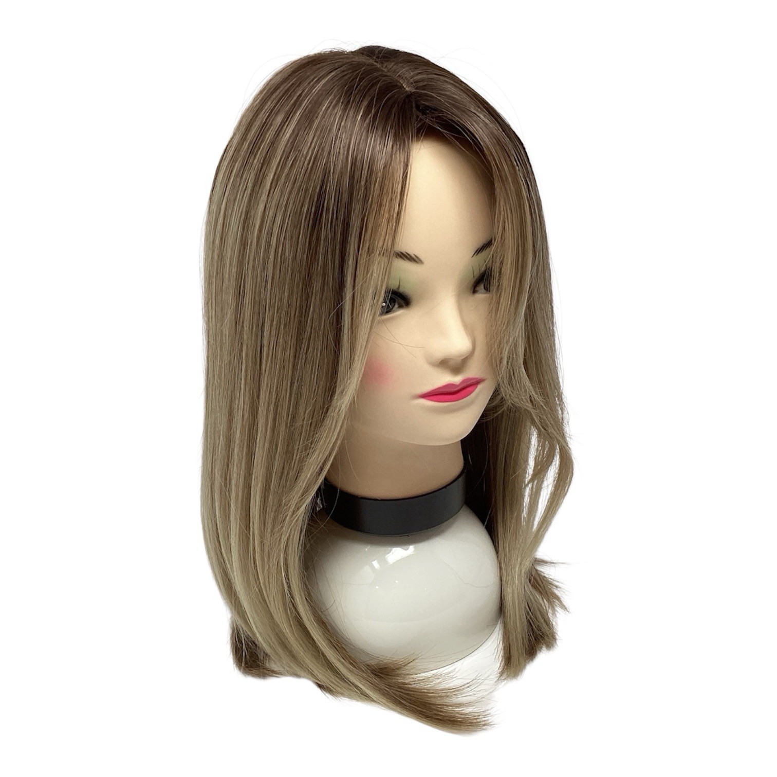Ash Blond Wig 16” With Bangs Ombré Gradient Dark Roots Rooted Middle Part
