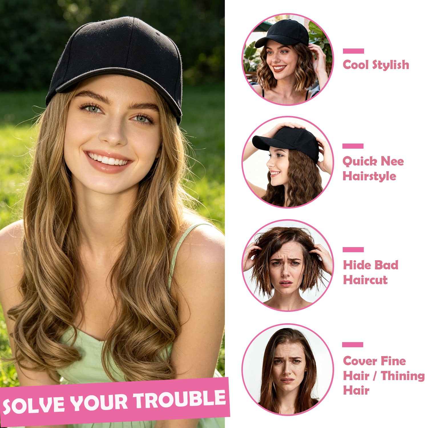 Instant Style 16″ Body Wave Cap Wig Adjustable Baseball Hat with Attached Hair M