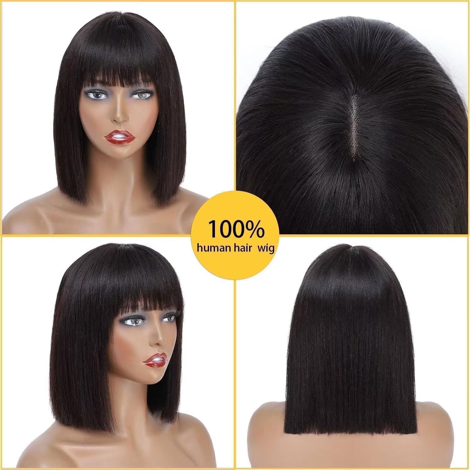 Short Bob Human Hair Wigs with Bangs 2×1 Lace Front Wigs Brazilian Straight Hair