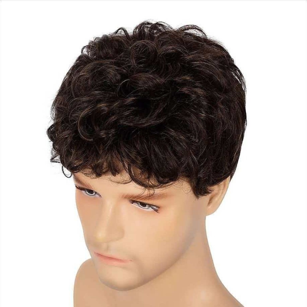 Men’s 8in Short Curly Brown Wig Full Heat Resistant Synthetic Cosplay Party