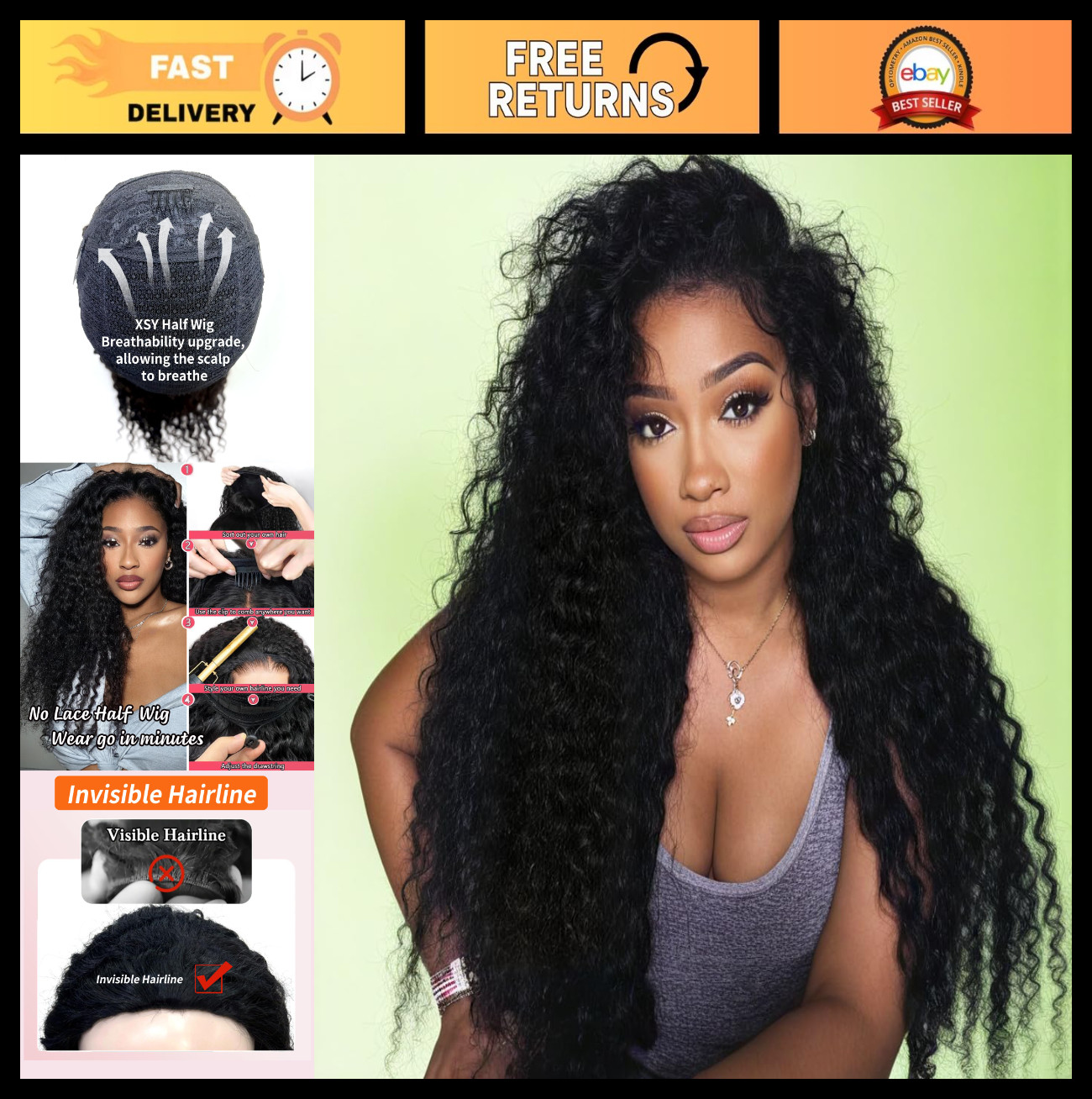 24″ Deep Wave Half Wig Human Hair – Curly Drawstring, Glueless, 180% Density, Na