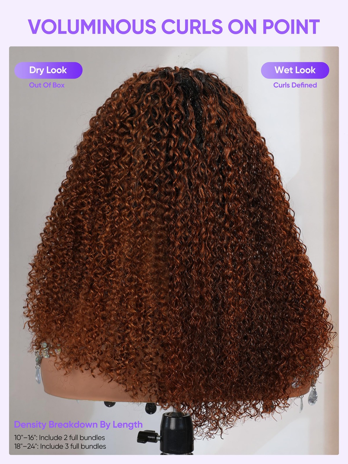 Wigchic T1B/30 Ombre Brown Kinky Curly Half Wig 10 Human Hair Over Glueless 4C