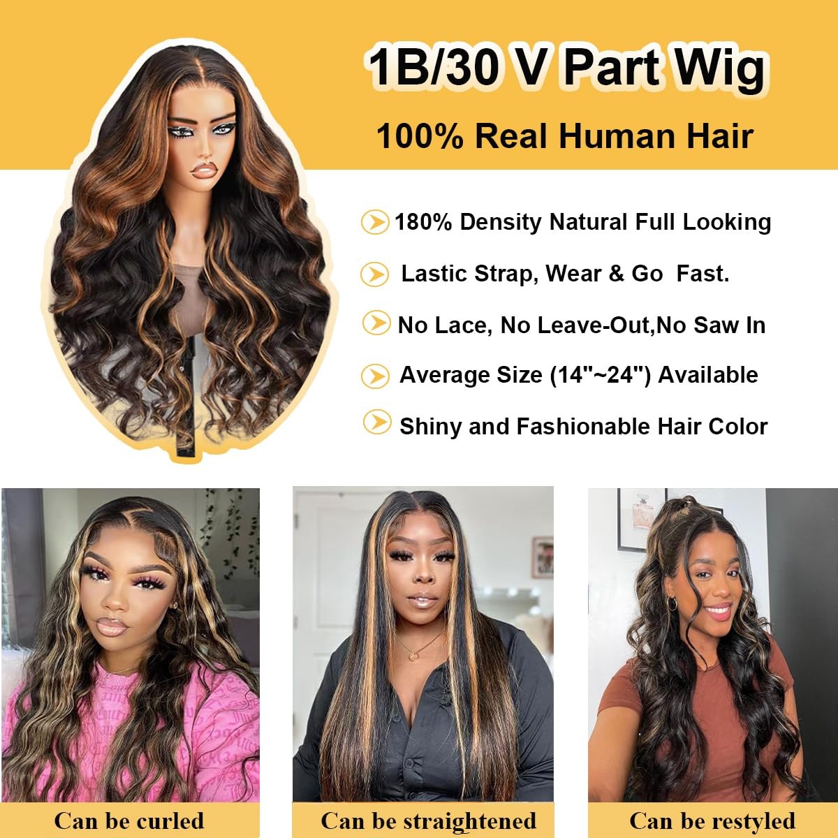 draconenee V Part Wig Human Hair Body Wave 1B/30 Highlight Ombre Wigs for Black