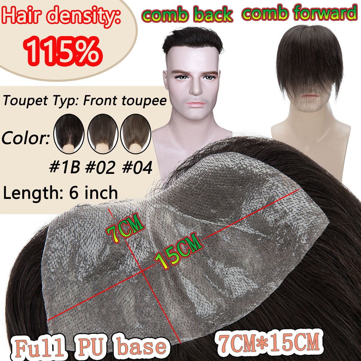 Front Toupet Mens Toupee Human Hair Replacement System PU Base Poly Hairpiece US