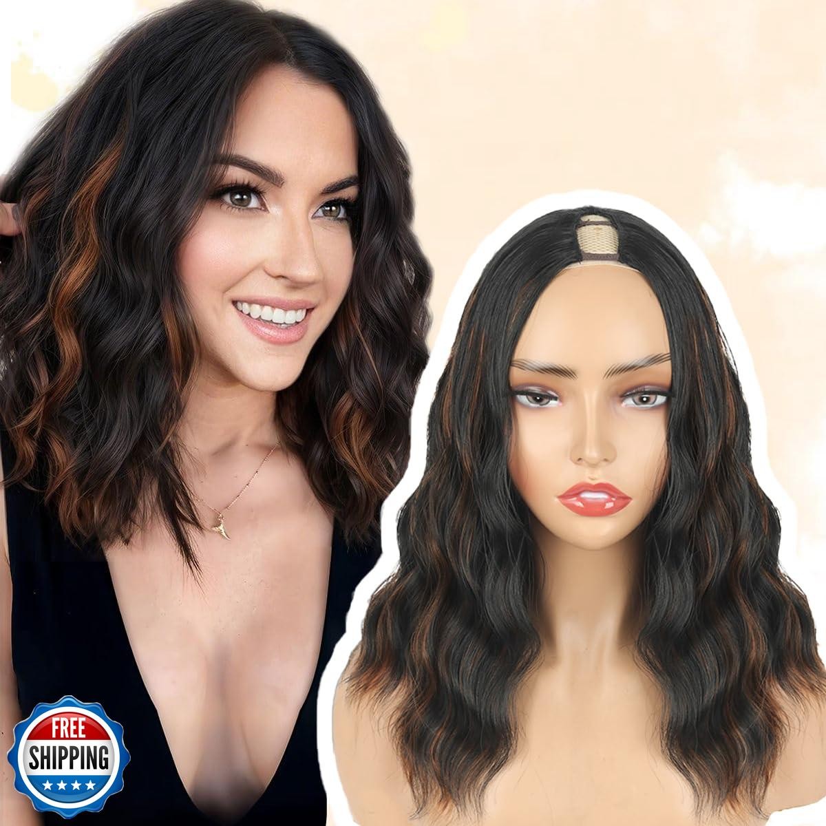 KRSI Highlight Brown Bob V Part Wigs Short Half Bob Wig for Black Women 16inc