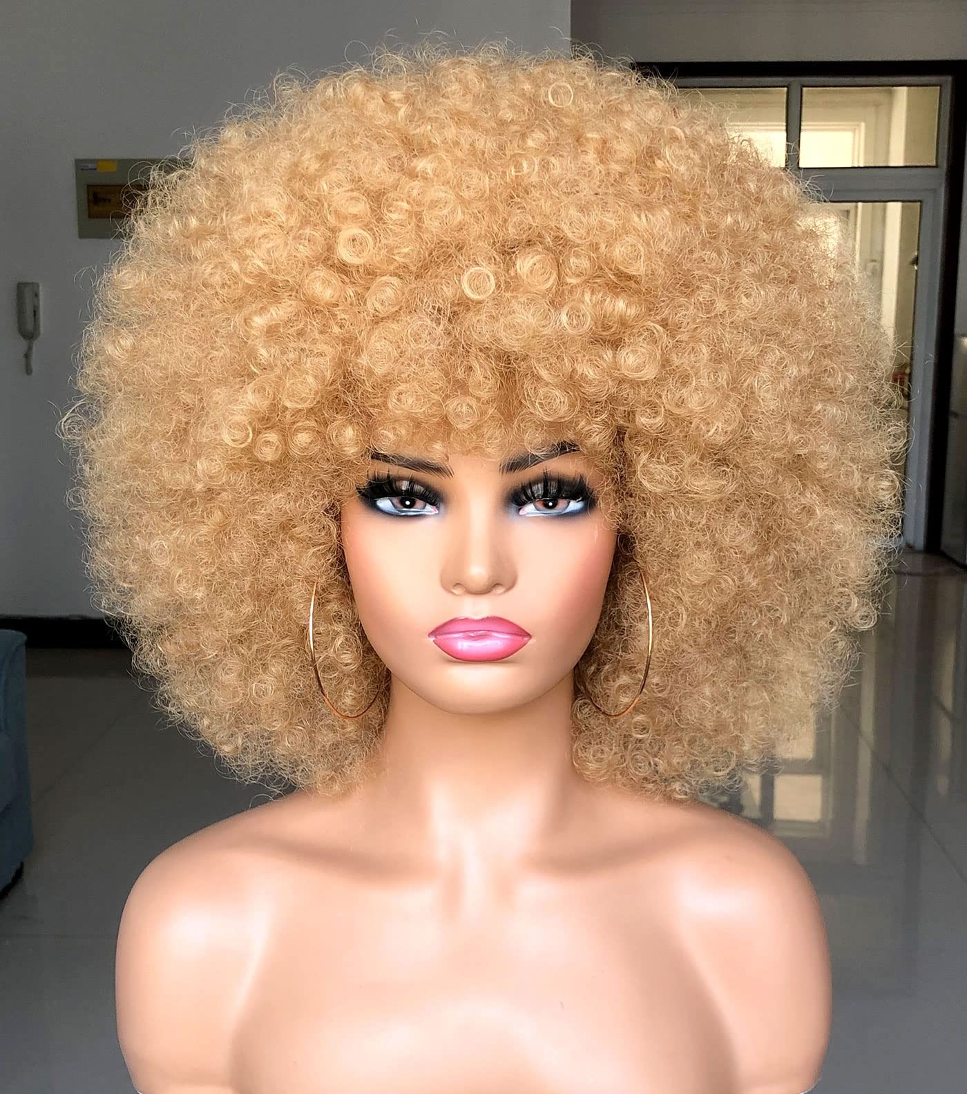 Short Afro Wig with Bangs for Black Women Afro Kinky Curly Wig 70s Premium Sy…
