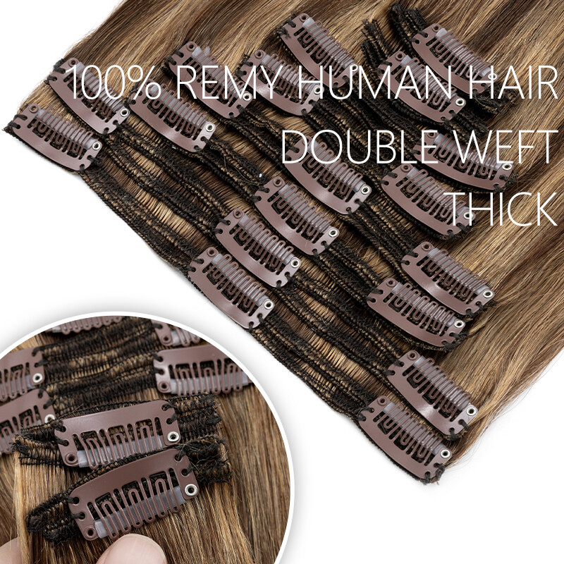 Double Wefts Clip In Remy Human Hair Extensions Thick Full Head 8Pieces 18Clips
