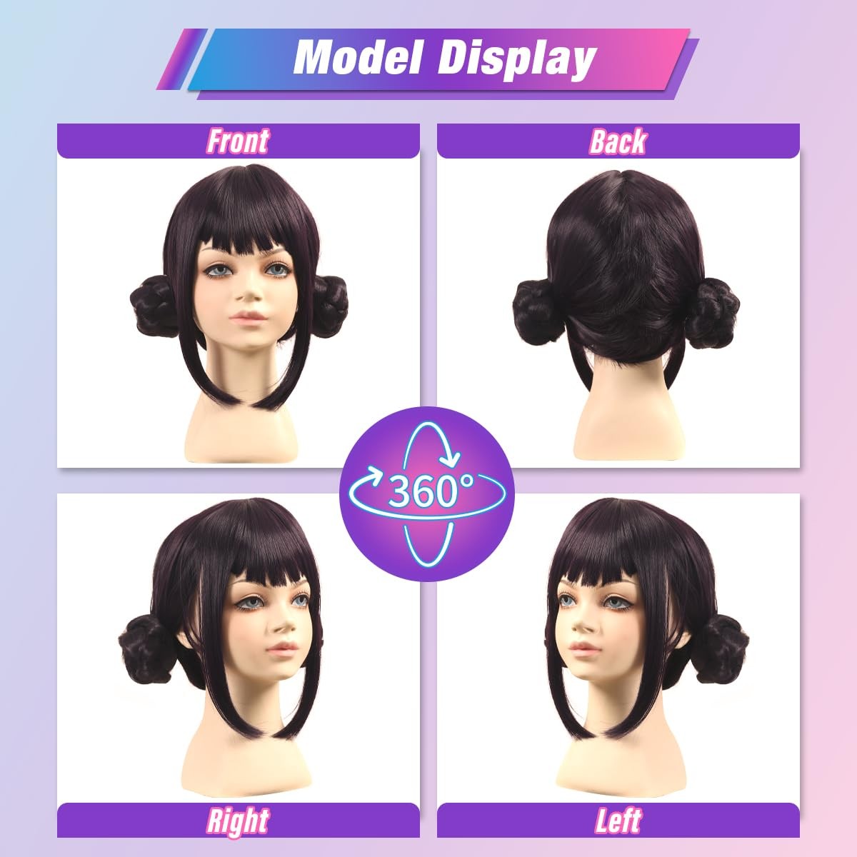 Short Black Purple Cosplay Wig with 2 Buns for Halloween Party Costume（Small …