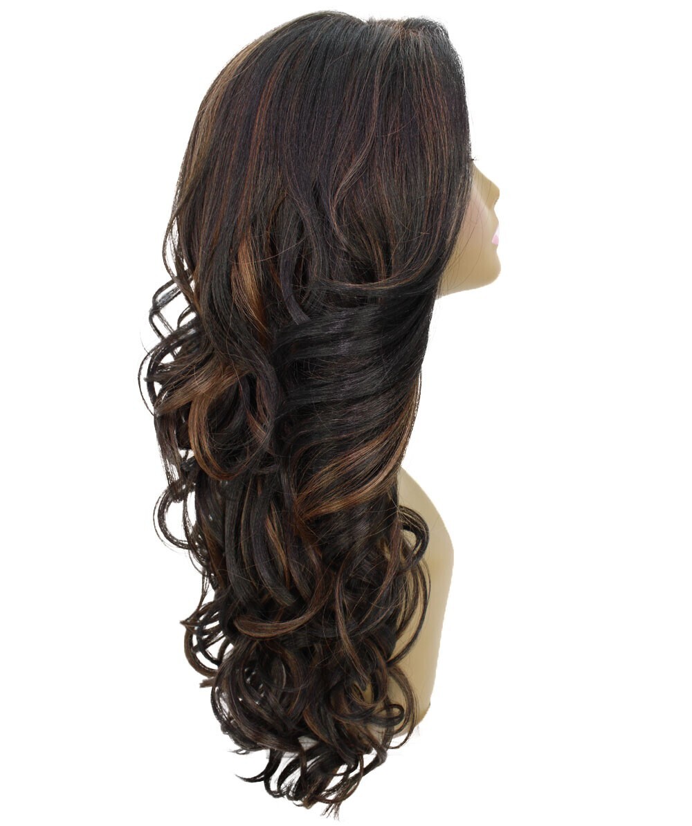 Wavy 24.5 in 13×2.5 Hand Tied Lace Front Wig, Brown with Caramel Highlights