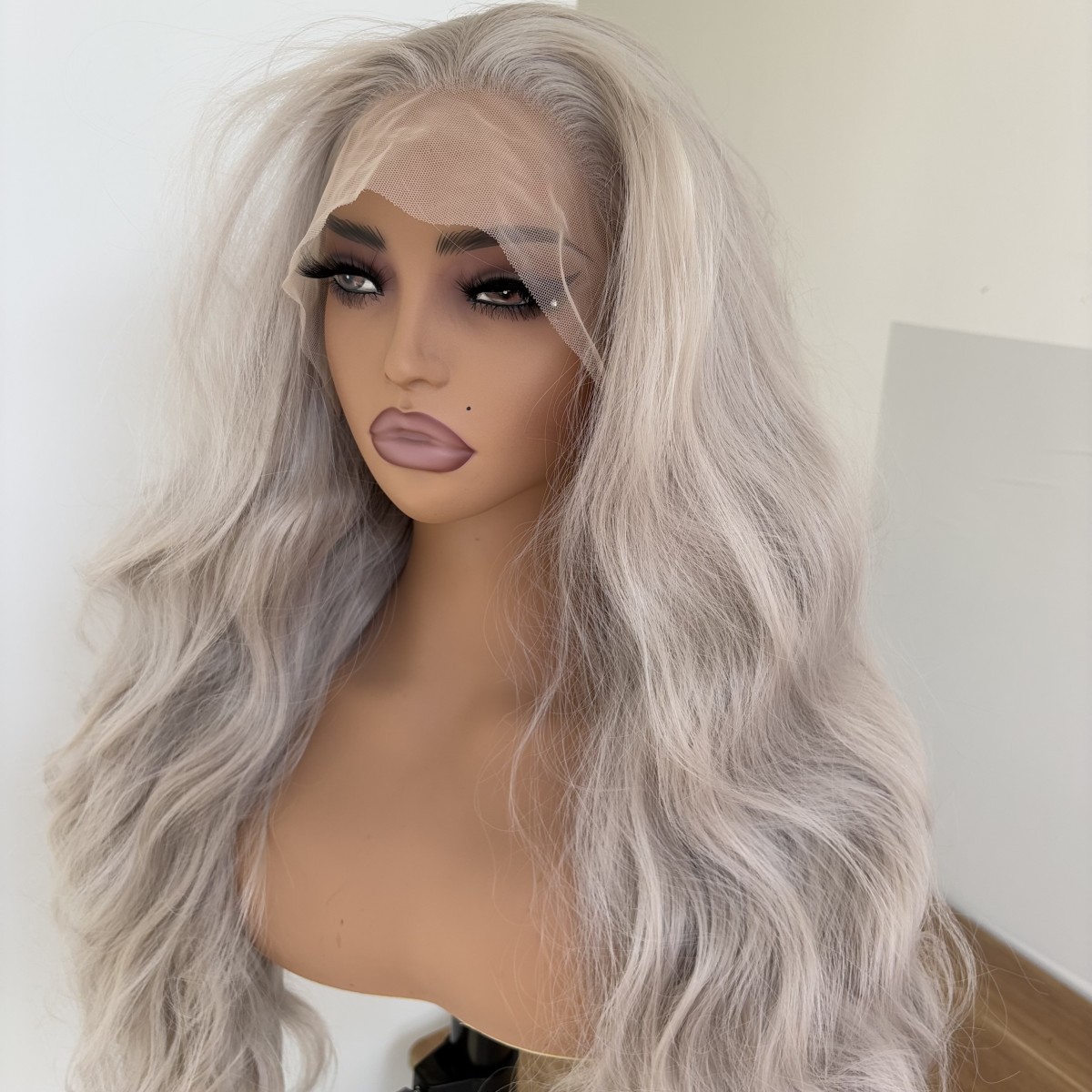 Heat Resistant Hair Long Wavy Silver gray Women T Lace Frontal Wigs Soft