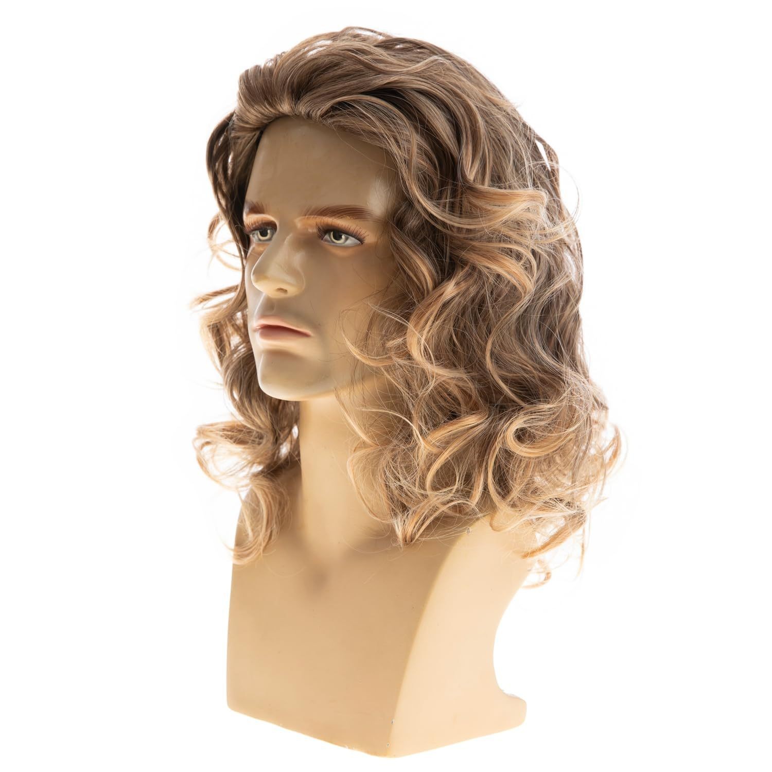 Brown Middle Part Long Curly Wig for Men Rose Net High Temperature Fiber Wig