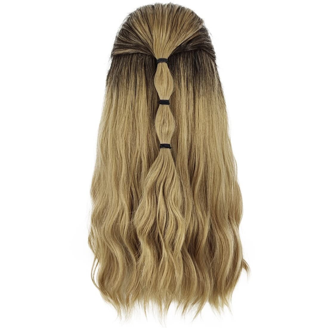 Men Long Curly Wave Wigs Male Cosplay Hair Ombre Ash Blonde Costume Toupee w/Cap
