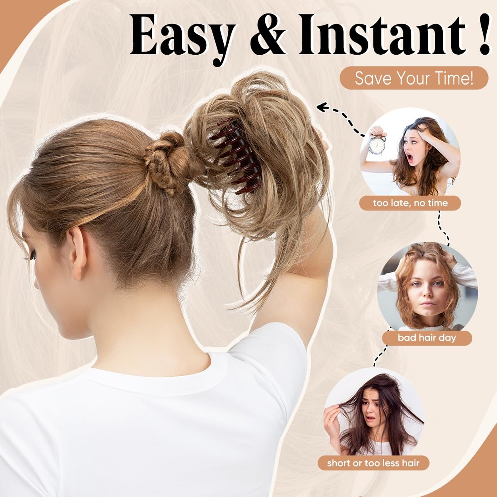 Natural Messy Bun Hairpiece Ponytail Scrunchie Updo Claw Clip in Hair Extensions