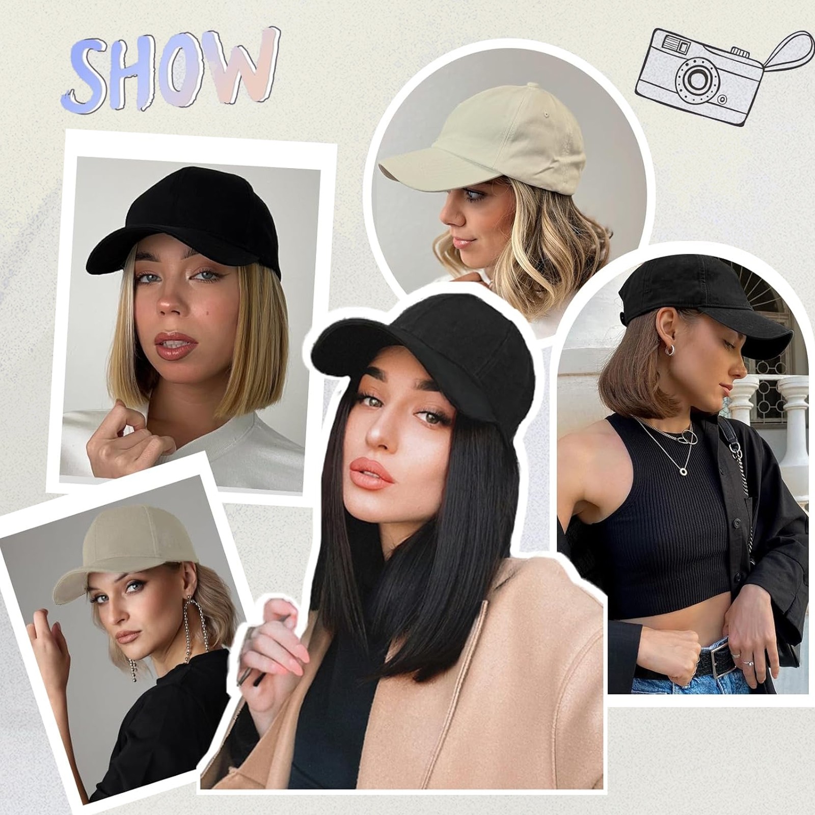 6″ Baseball Cap With Hair Extensions Bob Short Straight Synthetic Hair For Women