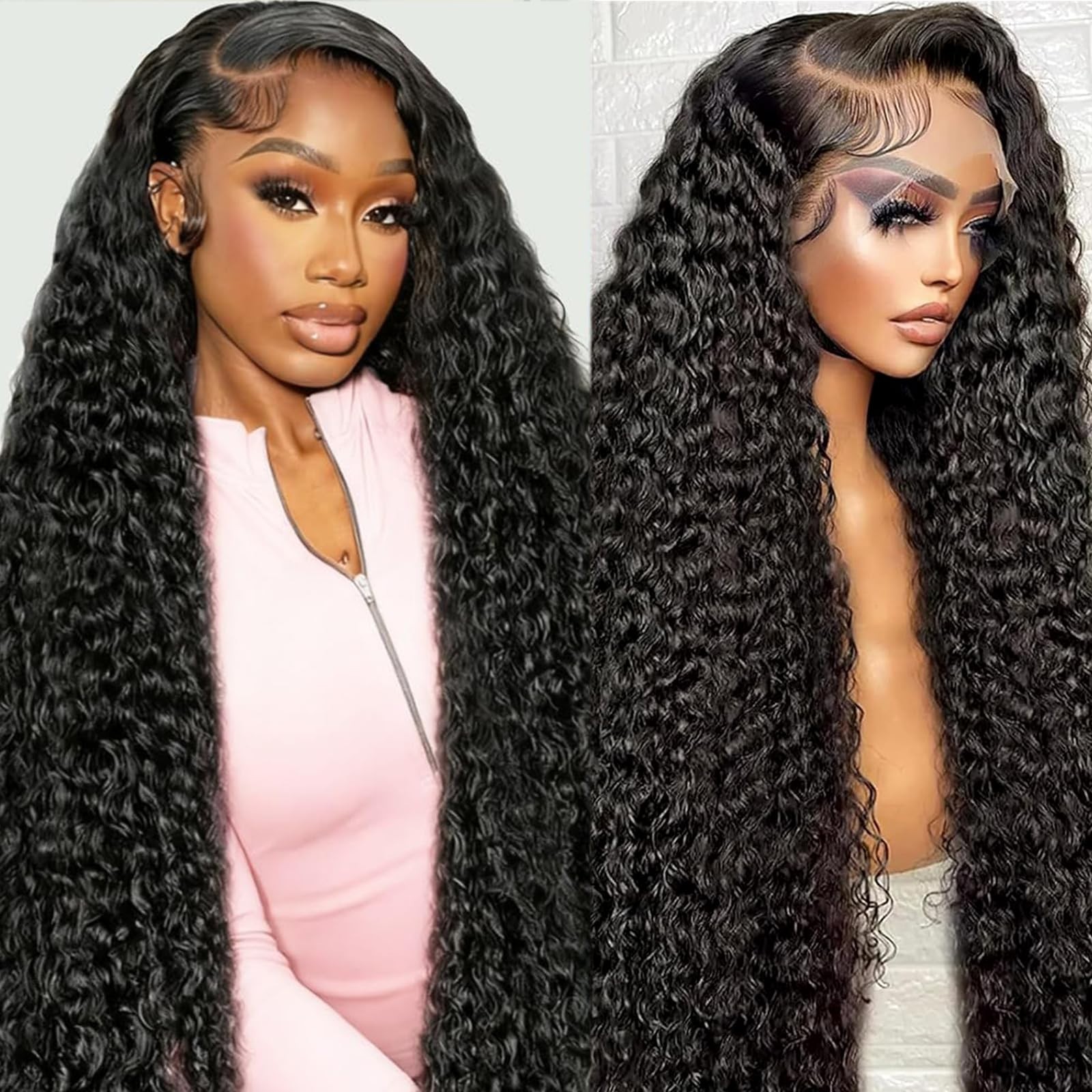 34″ 13×6 Lace Front Human Hair Wig, 200 Density Water Wave, Pre-Plucked Curly fo