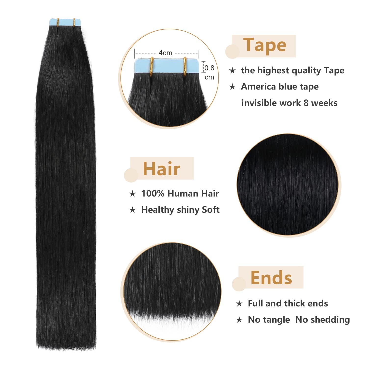 YILITE Tape in Hair Extensions Human Hair Jet Black #1 20 inches 20pcs 50g/pa…